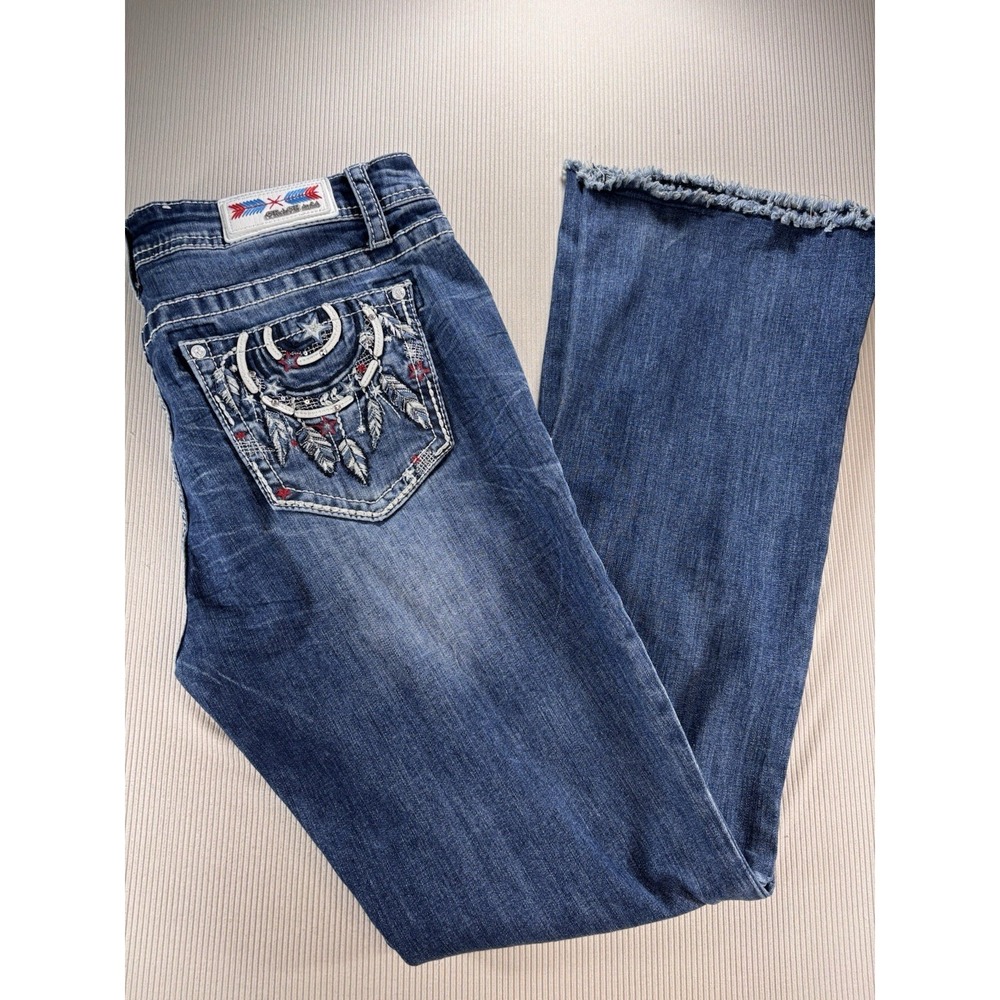 Grace in LA Embellished Patriotic Feather Pocket Jeans 32 Bootcut Y2K Raw Hem - Picture 15 of 16